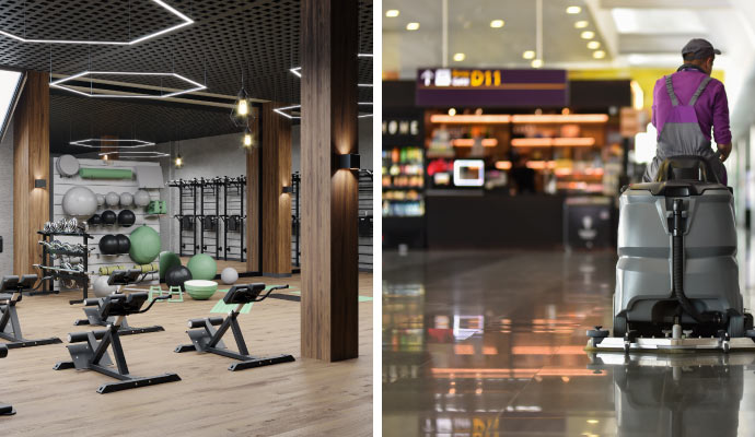 Collage of fitness-center and restaurant cleaning