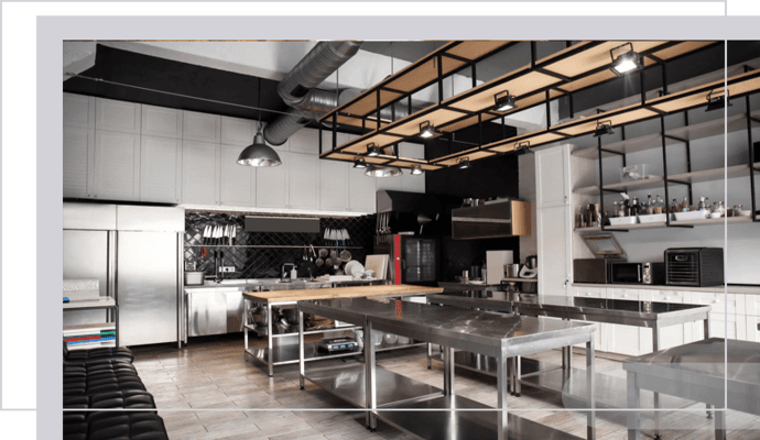 A cleaned kitchen in a restaurant.