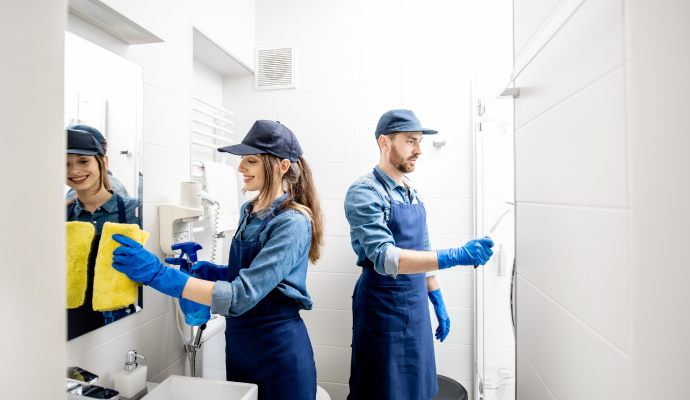 Team cleaning restroom's washroom.