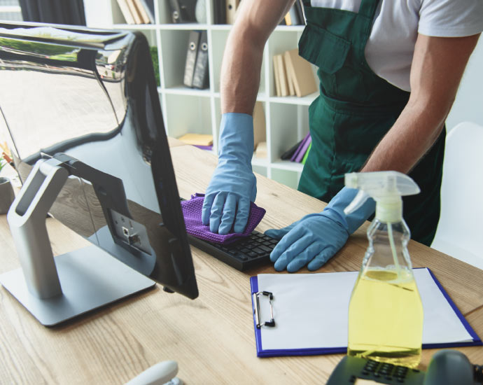 Person cleaning office desk