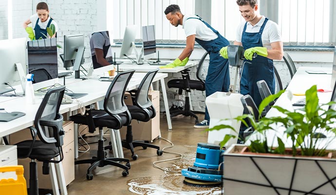 Professional team cleaning office area