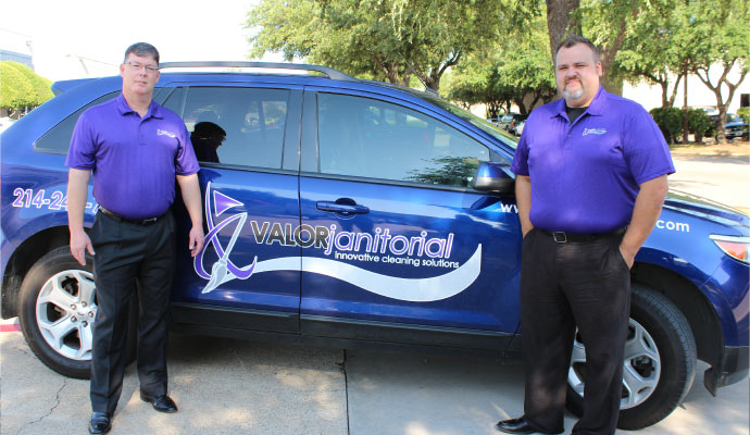 Valor Janitorial service vehicle with two service man